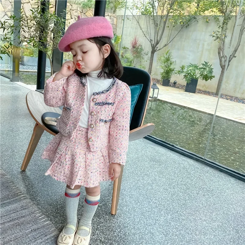 女の子ツイードセット服秋子供ブティック服スーツ子供コートとス - Baby Clothing Bundles のレビューと価格