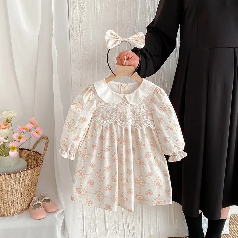 ベビーレース花柄秋の新作女の子用長袖スイートドレス姉妹ドレステーマドレス