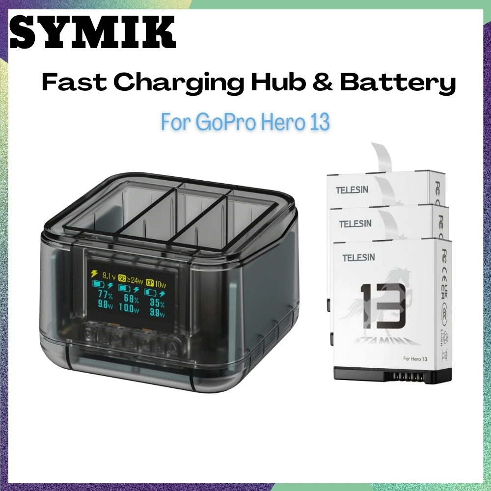 SYMIK Battery Charger For GoPro Hero 13 Quick Charger Case OLED Display Fast Charge Hub For Go Pro Hero 13 Accessories