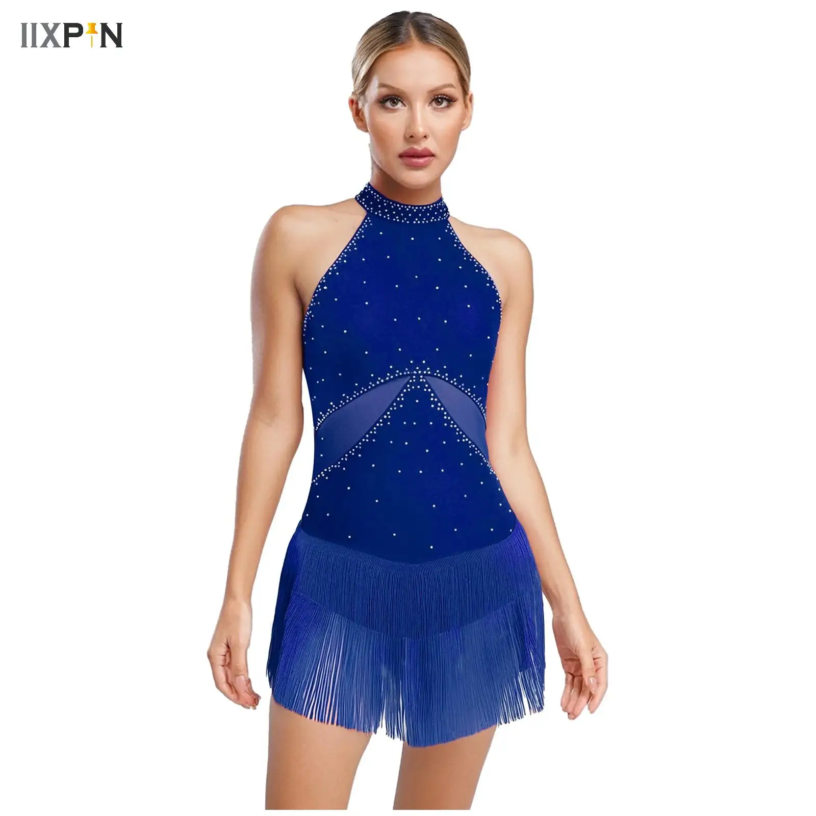 

Womens Tassel Latin Dance Leotard Performance Costume Sparkly Rhinestone Mesh Patchwork Fringe Jumpsuit Sleeveless Dancewear
