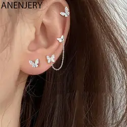 ANENJERY Butterfly Stud Earrings for Women Double Ear Hole Tassel Chain Earrings Jewelry