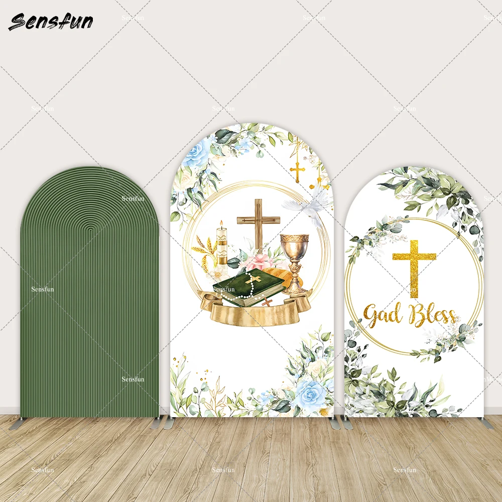 Baptism Baby Shower Arched Backdrop Cover Green Leaves God Bless Arch Wall Photo Background First Holy Communion Banner