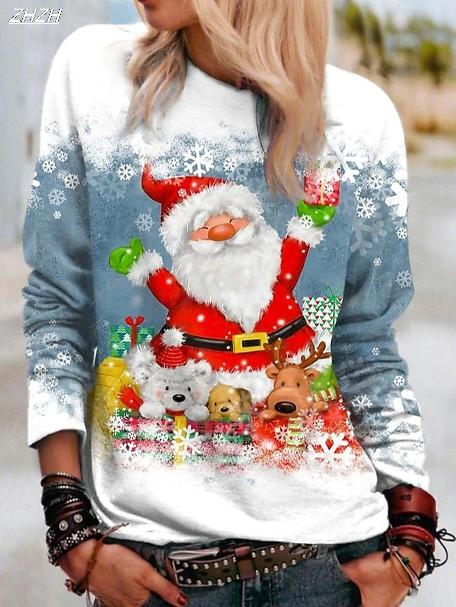 2025 Christmas Women's T Shirt Graphic Santa Claus Snowman Fashion Casual Long Sleeve Crew Neck Regular Tops Print Spring Fall