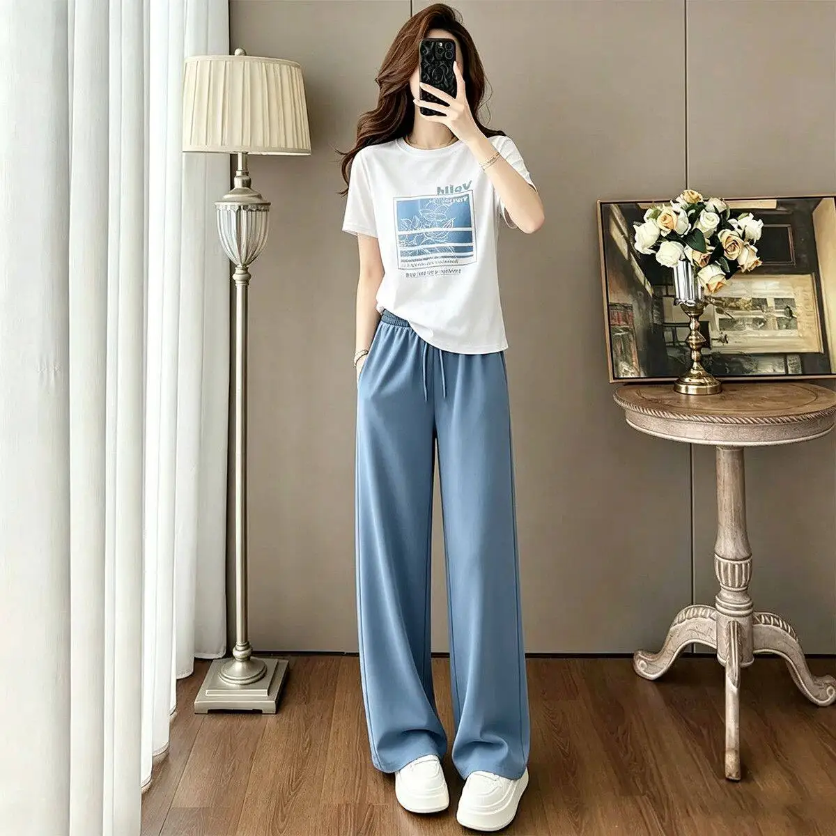 

Elegant Casual Sportswear Set Women's Summer Short Sleeve T-Shirt Wide Leg Pants Two-Piece Suit Polyester Fiber Fashionable