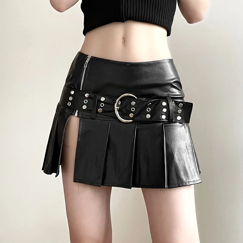 Zipper High Waisted for Women Y2K Hotsweet Vintage Korean A Line Fashion Clothing Black Moto Biker Sashes Women's Elegant Skirts