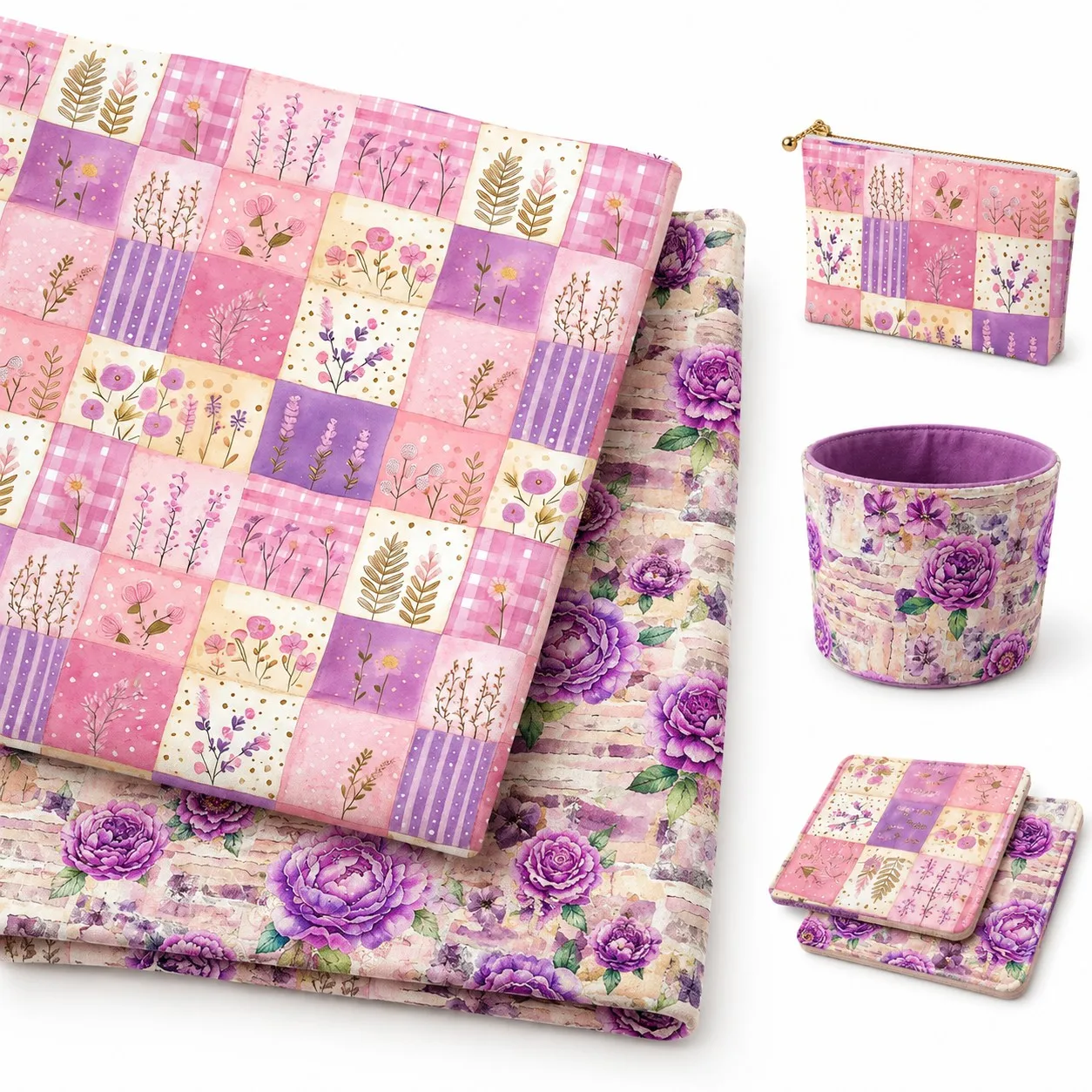 Pre-cut 1Pc Pink Purple Series Flower Print 100% Polyester Fabric, 19.68x57 Inches (50X145cm) Patchwork