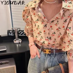 Korean Style Chic Broken flower Women's Shirt 2024 Spring New Fashion Blouse Versatile Elegant Puff Sleeve Sweet Shirt Blusas