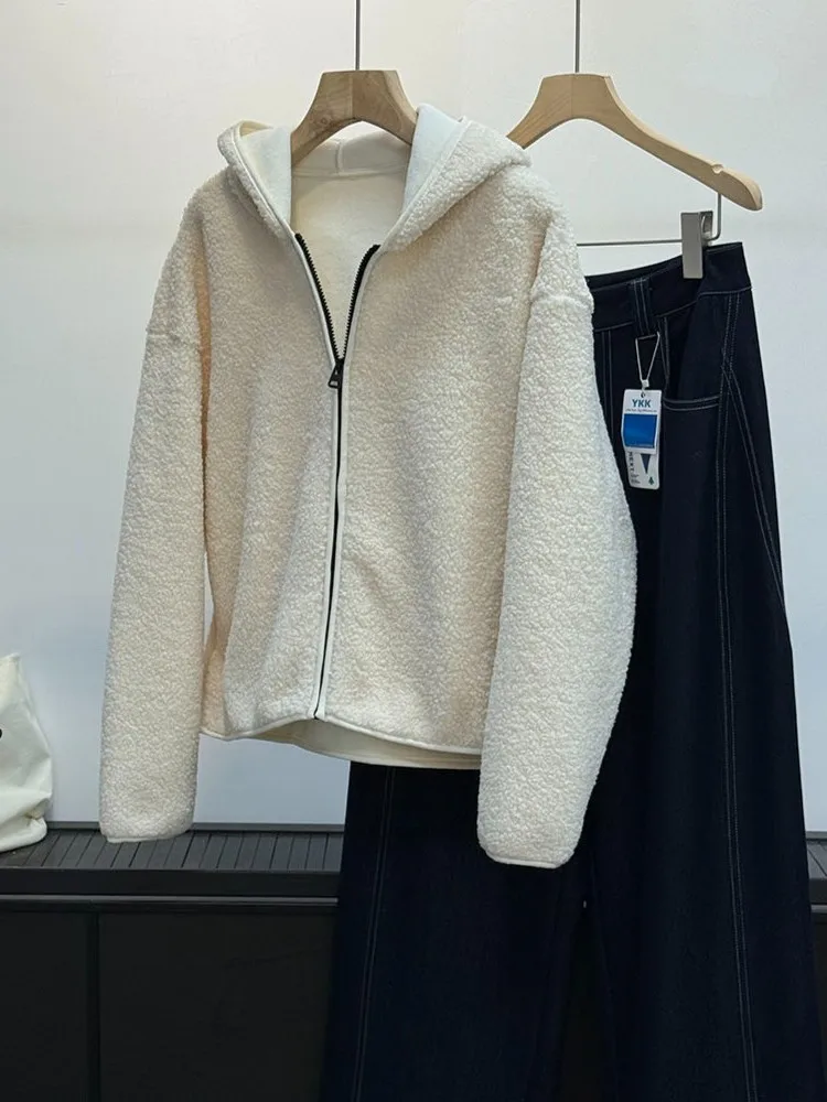 

Thiened Warm Lamb Fur Double-sided Velvet Zipper Hooded Jaet Coat for Women Casual Sle Stand Version Long Sve