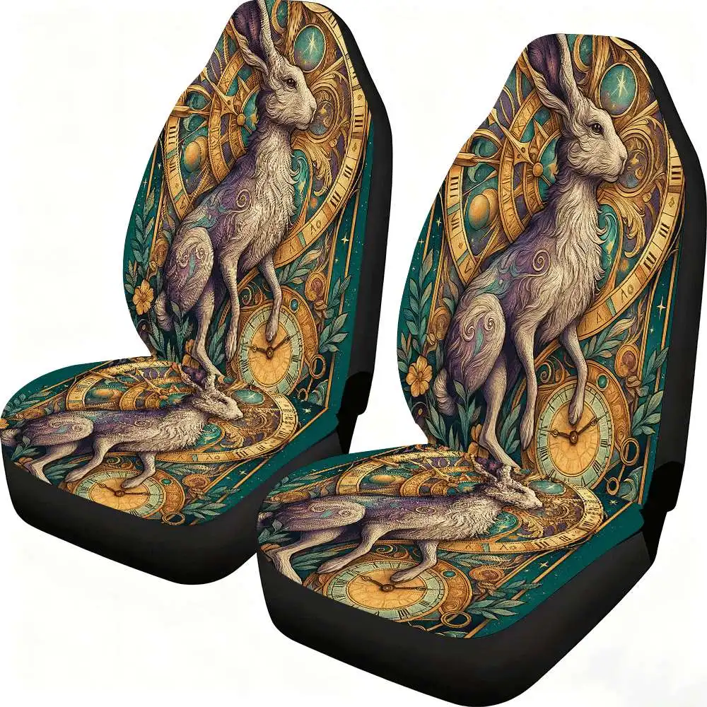 2pcs Artistic Rabbit Clock Car Seat Covers Suitable For Front Seats High Back Design Material Suitable For Cars SUVs And Trucks