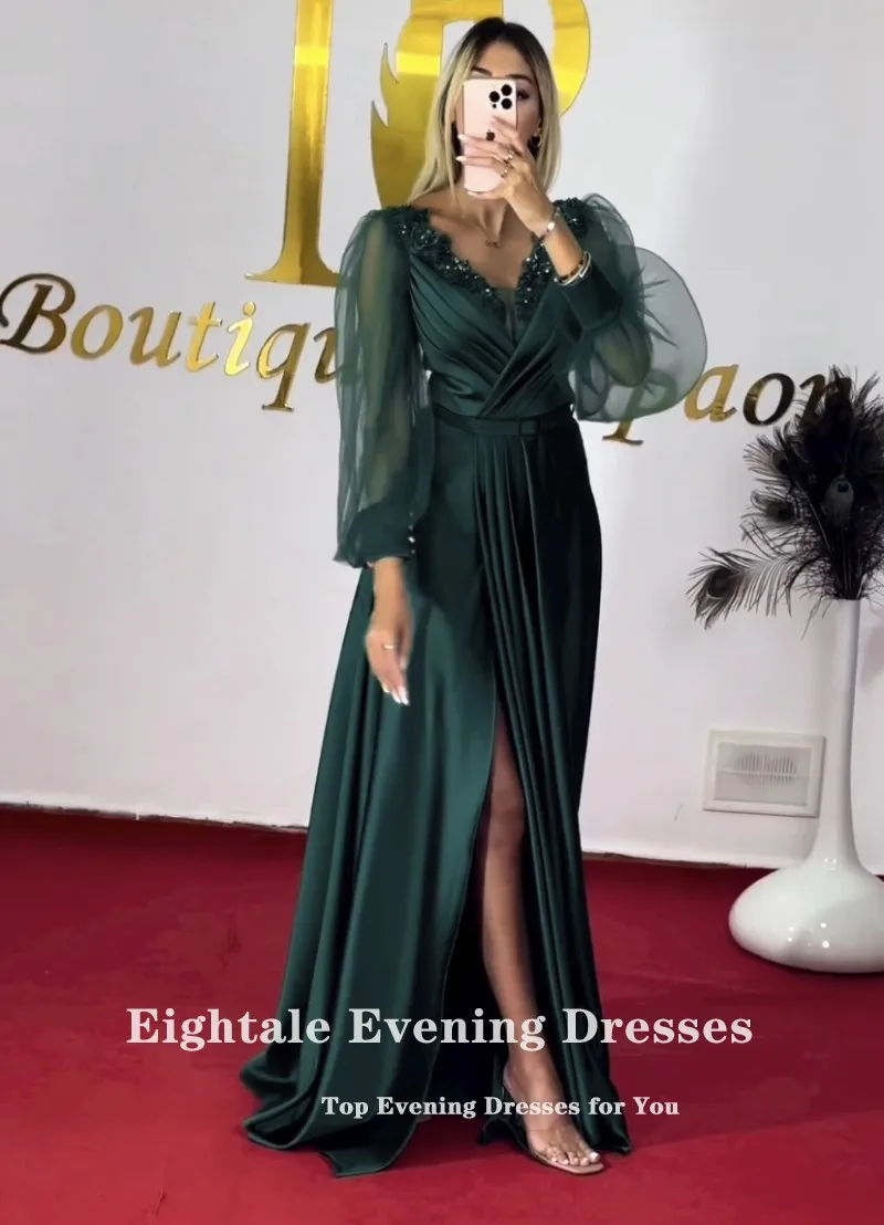 Eightale Dark Green Evening Dress Satin V-Neck Long Sleeves A-Line Beaded Floor Length Prom Party Gowns robe de soirée femme