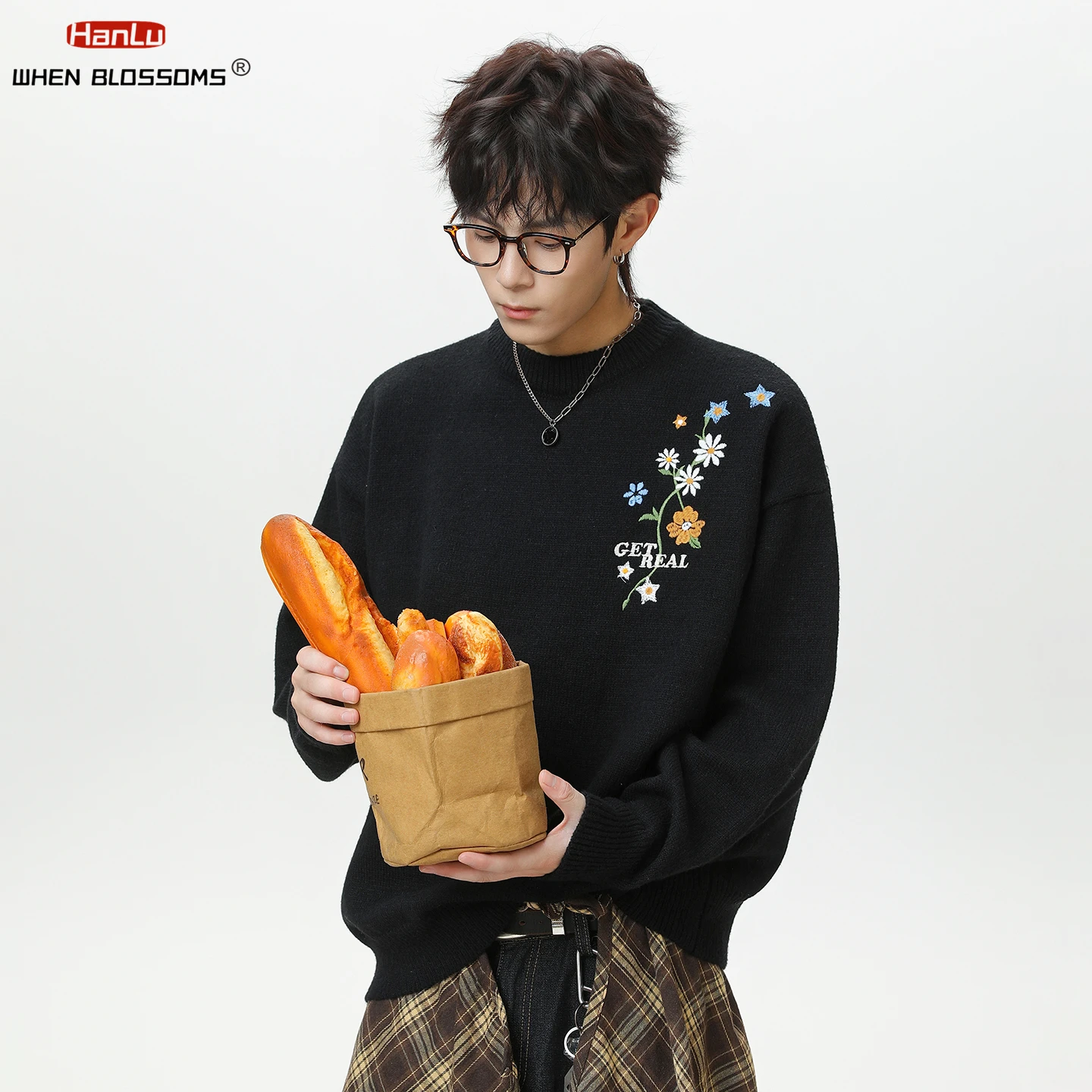 

Hanlu 2025 мужской свитер с цветочной вышивкой, японский трикотаж большого размера, тяжелый теплый пуловер, повседневное осенне-зимнее пальто