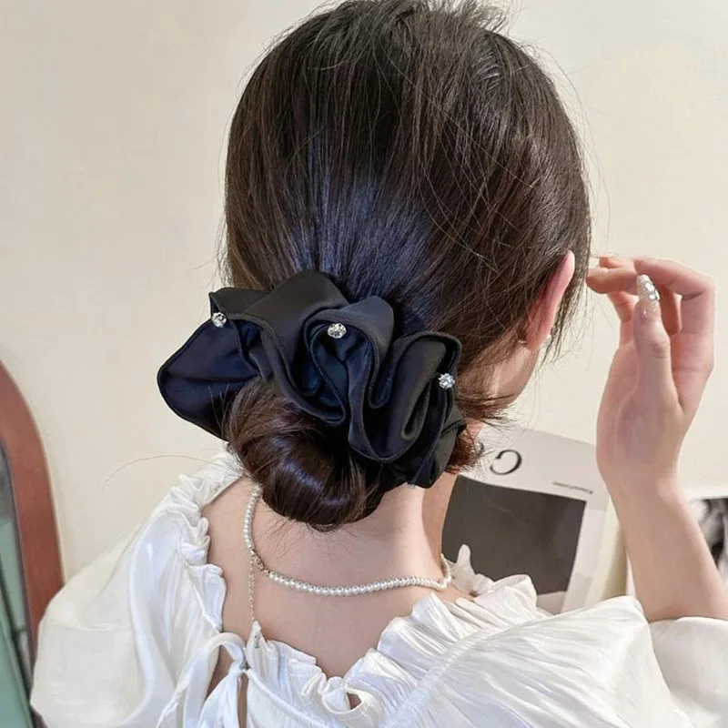 Fashion Super Large Black Flower Print Double Hair Scrunchies Women Girls Big Rhinestone Hair Ties Rope Hair Accessories