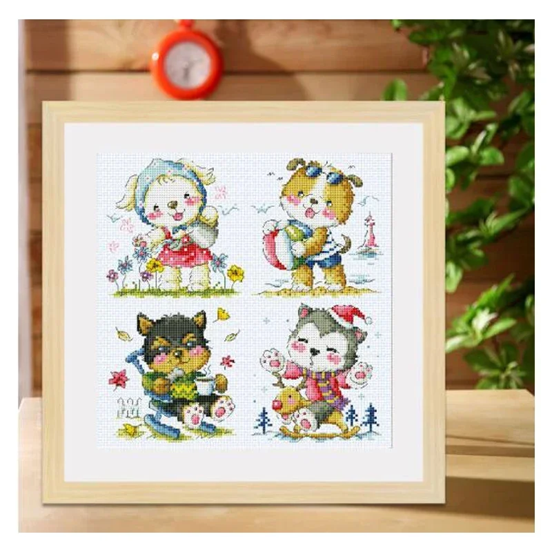 Amishop Gold Collection Counted Cross Stitch Kit Four Seasons Dogs Spring Summer Autumn Winter Dog Puppy Puppies SO 3196