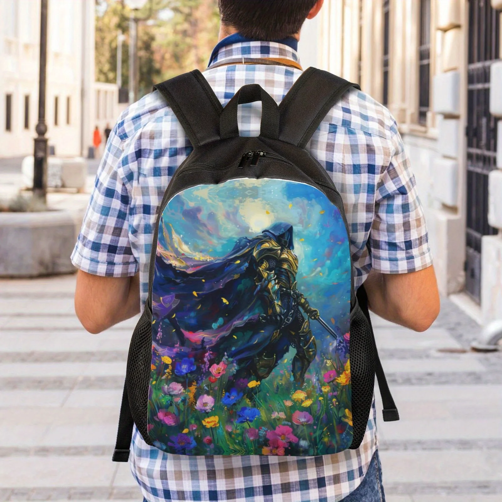 Warrior with Flowers Print black backpacks for men and women, high school and college backpacks, sports bags