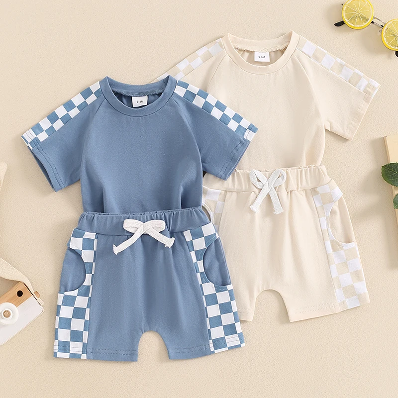 

2024-04-03 Lioraitiin Baby Boys Summer Outfits Checkerboard Patchwork Short Sleeves T-Shirt and Elastic Shorts Set Clothes Set