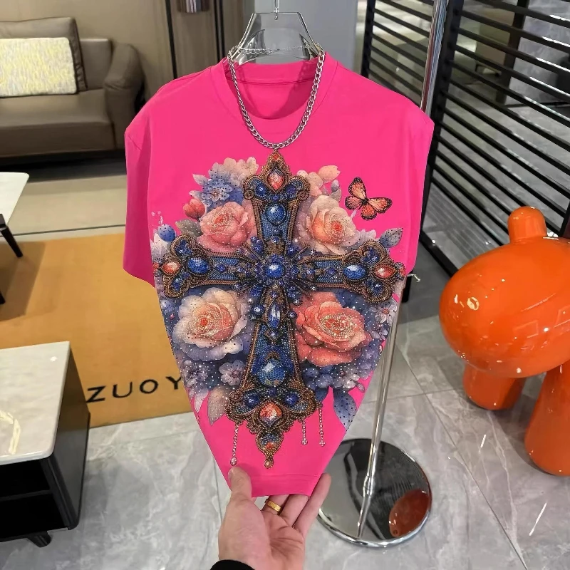 

2025 Spring New Loose Chic Tees Round Neck Short Sleeve Hot Diamond T-Shirts Men's Fashion Versatile Casual Quality Trendy Tops