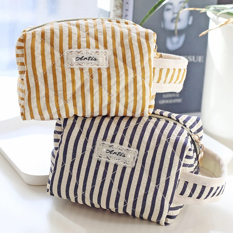 6pcs Coin Purses Women Cotton Striped Pillow Shaped Ear Line Zipper Short Storage Bag With Keychain