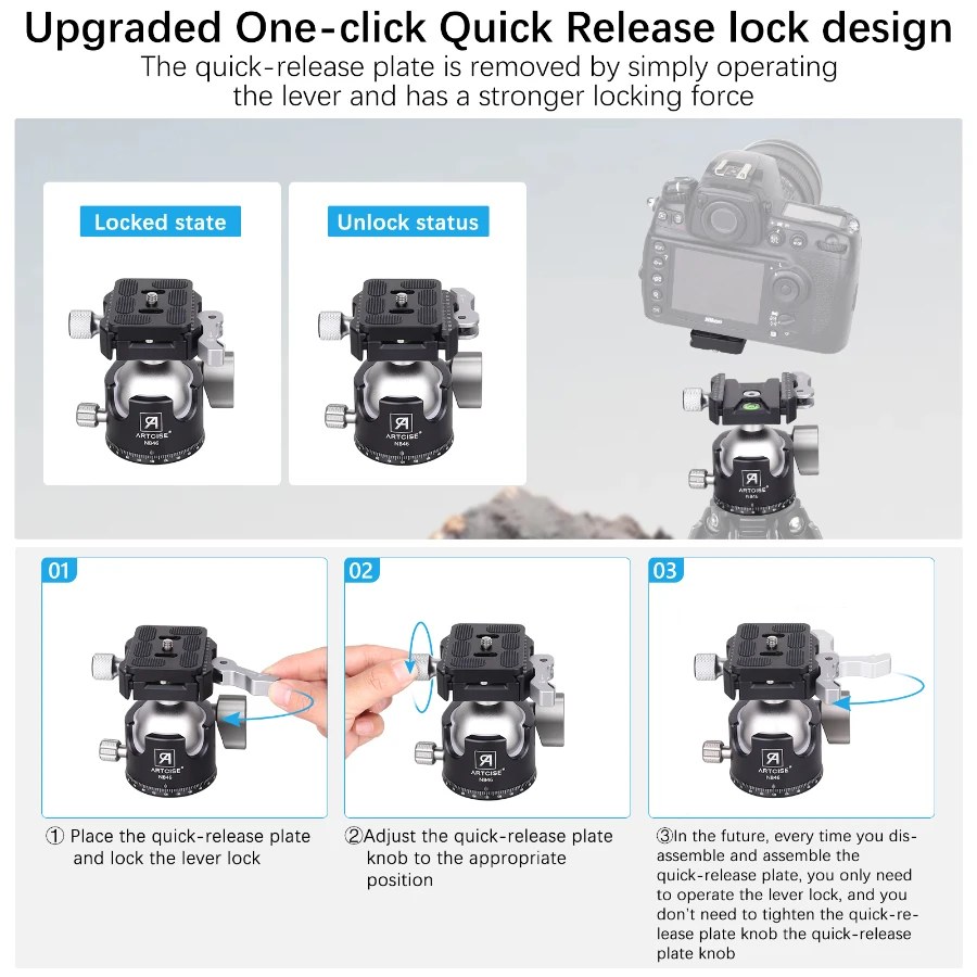 ARTCISE 46 mm Low Profile Double U Desin Kugelkopf mit Hebel-Entriegelungsschloss für Kamera Einbeinstativ DSLR Camcorder Teleskoplast 25 kg – Detail 3