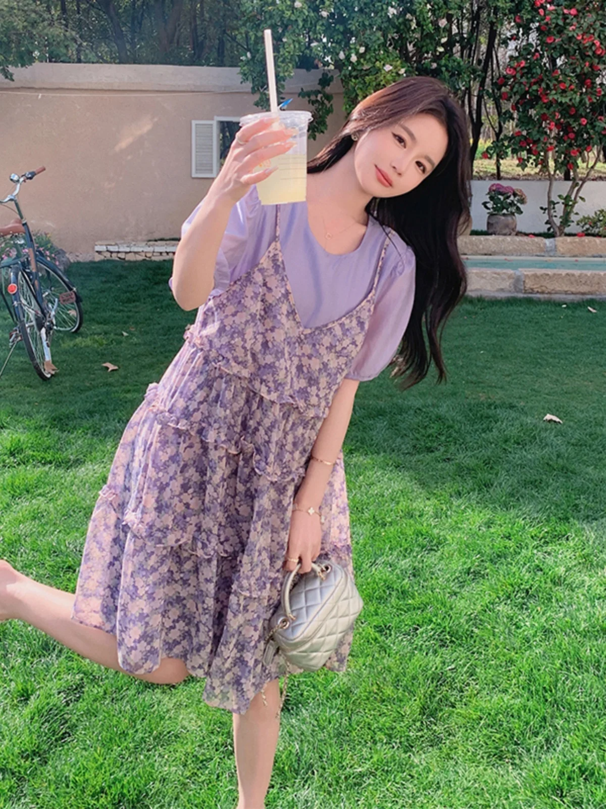 Saia Floral Roxa Ele para Mulheres Verão 2025 Nova Tamanho Pequeno Super Bonita Saia Coreana de Cintura Alta