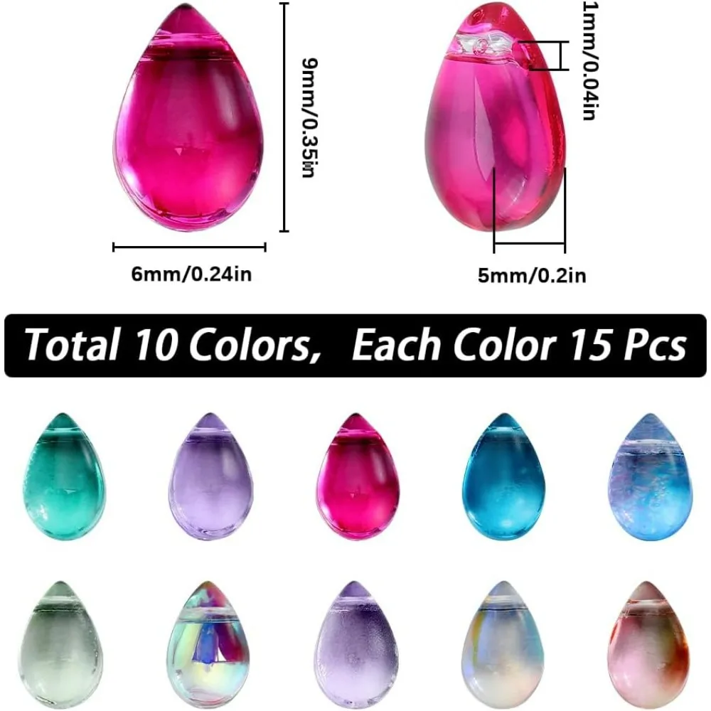 1 Box 150Pcs 10 Colors Glass Water Drop Beads Teardrop Bead Colorful Transparent Waterdrop Oval Crystal Loose Spacer Bead