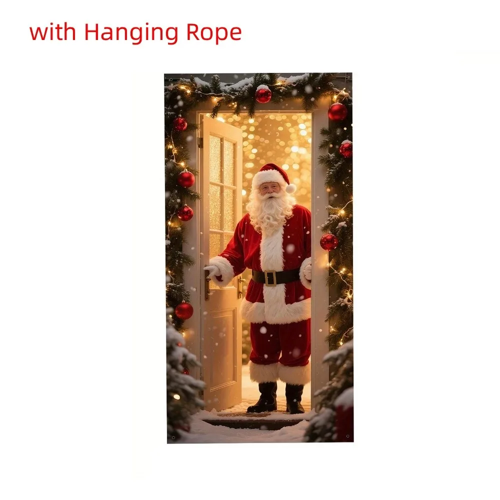 Santa Claus Pattern Christmas 2D Door Banner Perforated Strap Fastening Hanging Christmas Door Cover Polyester Rectangular