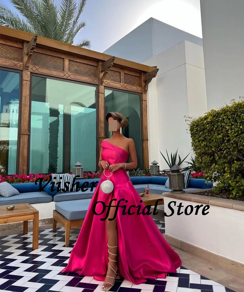 Viisher-Vestidos fúcsia de um ombro, cetim drapedo, longa linha, vestido de baile formal com fenda, árabe, Dubai, vestidos de noite