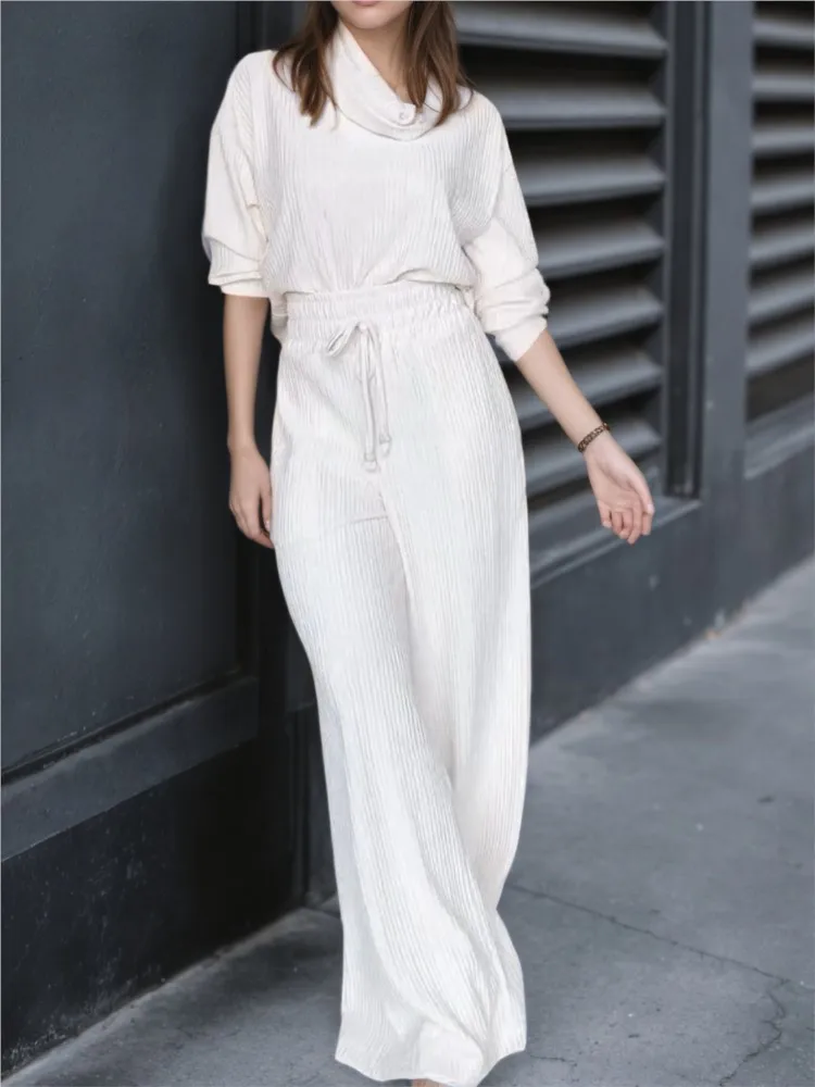

Women's Fashion Solid Two Piece Set Long Sleeve Pile Collar Tops And Lace-up Pants Outfits Female Autumn Elegant Office Lady Set