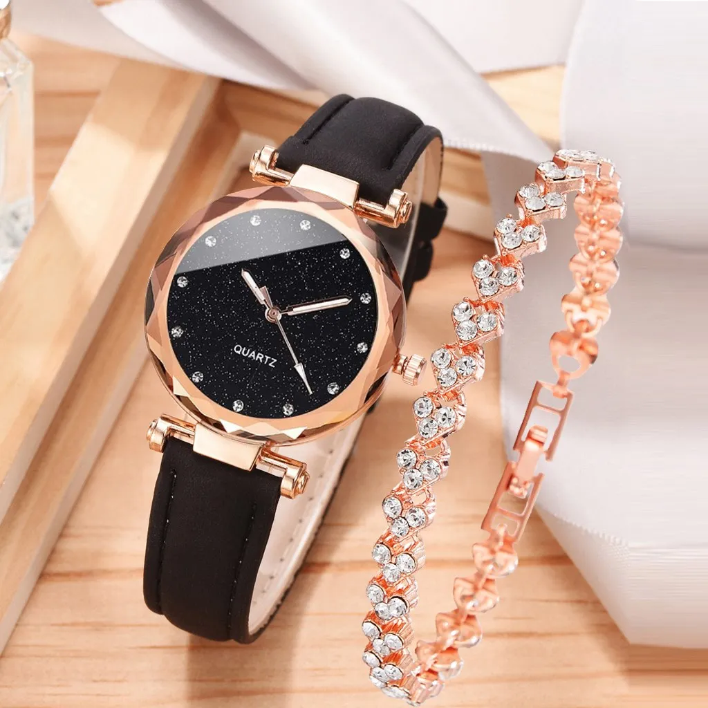 2pcs Luxury Fashion Women Watch Set PU Leather Strap Ladies Quartz Wristwatch Rhinestone RoseGold Alloy Bracelet For Ladies Gift