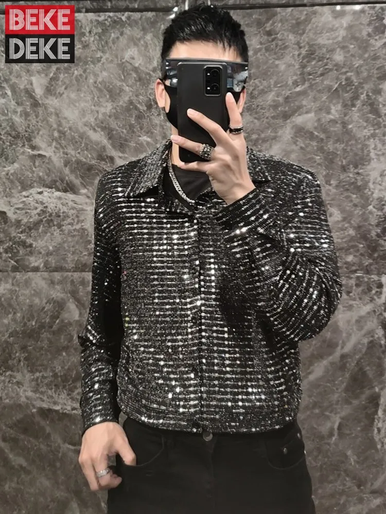 

Men Designer Loose Glitter Stage Shirts Long Sleeve Turndown Collar Dance Shirts Single Breasted Party Banquet Versatile Tops