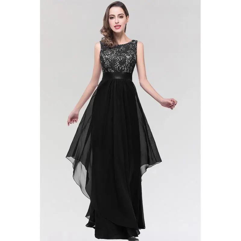 Women Elegant Prom Dress O-Neckline Lace Sleeveless Chiffon Long Maxi Evening Gown For Formal Occasion Party