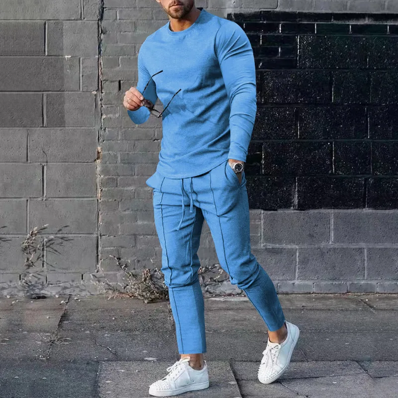 Camiseta y pantalones de manga larga para hombre, traje informal de dos piezas con cuello redondo, color sólido, Otoño, 2023