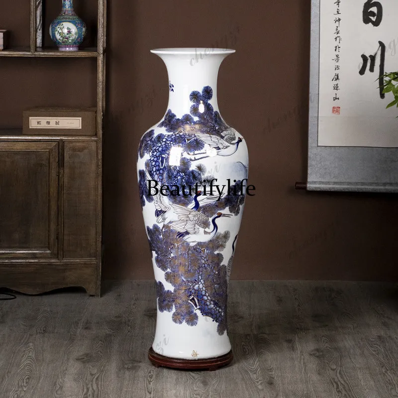 High-end hand-painted gold-painted ceramic floor-to-ceiling vase Jingdezhen living room hotel decoration opening ornament