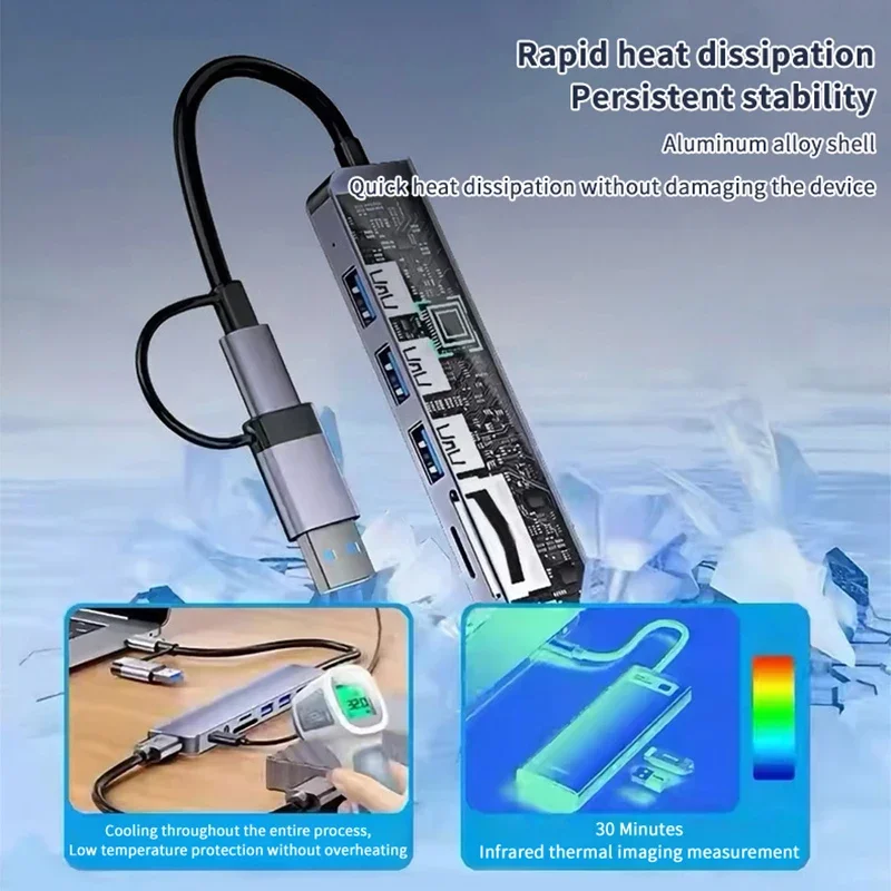 Multi-Function Type C USB HUB with Audio Jack, SD & Micro TF Card Reader for Macbook, Laptops, Tablets, and Phones