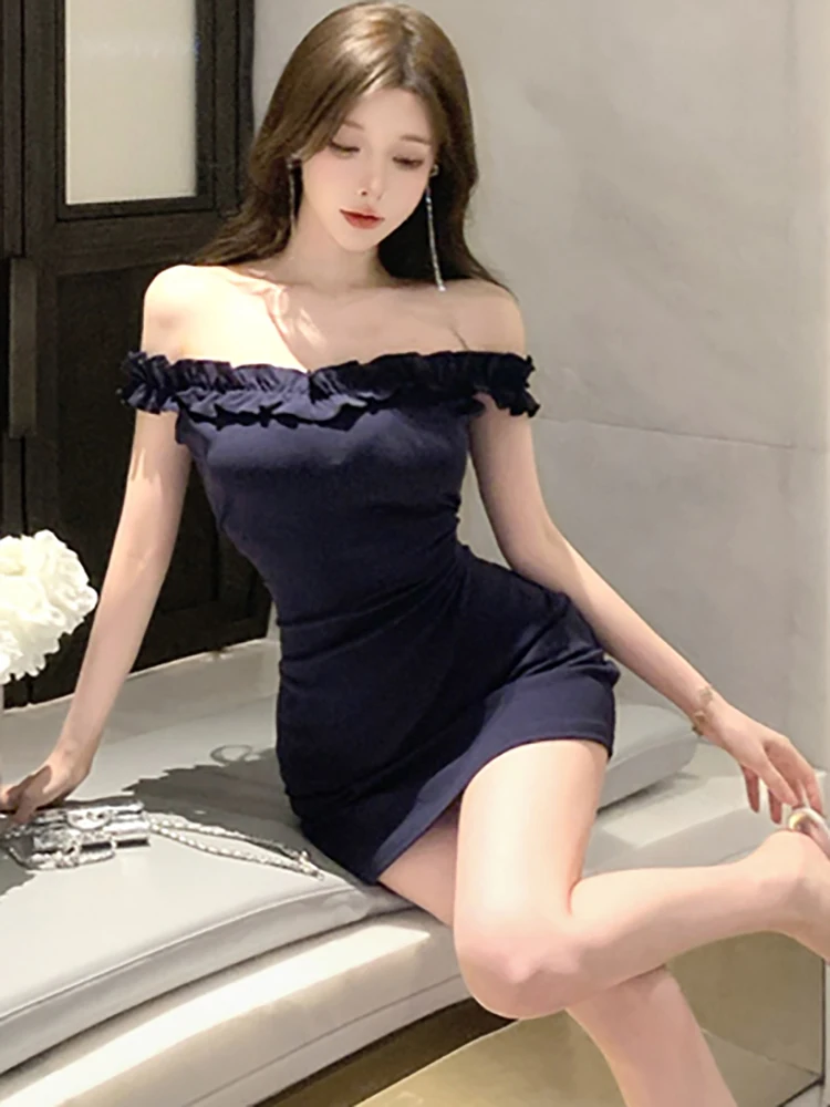 Kobiety Solid Bodycon Chic Ruffled Chest Wrapping Sexy Dress Summer Elegant Hip Wrap Dress 2025 Korean Vintage Festival Prom Dress