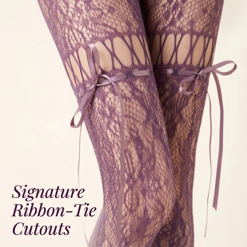 Coquette Purple Lace Thigh High Stockings with Ribbon Bows, Fishnet Tights for Y2K, Lolita, Party, Summer Wear Pantyhose Women