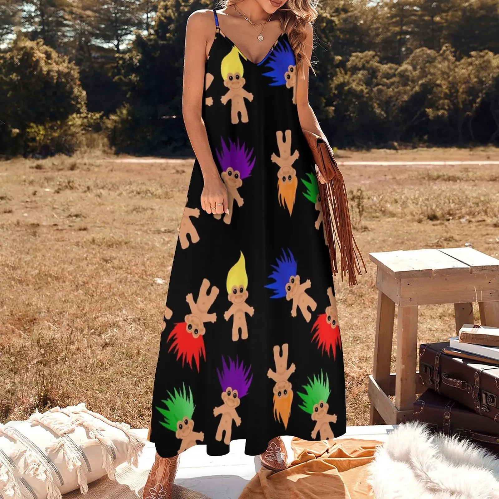 Vestido sin mangas con patrón de muñecas de trol para mujer, vestidos elegantes para mujer, vestidos africanos de promoción, vestidos de fiesta para mujer