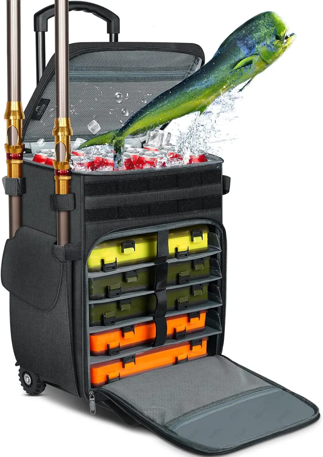 

Large Rolling Fishing Tackle Box with Cooler, Wheels for 5 Trays, Water-Resistant Backpack with Rod Holders