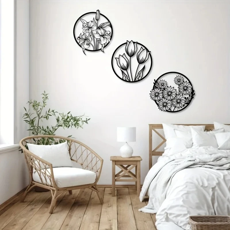 3-teiliges Metall-Blumen-Wandkunst-Set, Wandkunst, großes Wandkunst-Set, Wanddekoration für das Wohnzimmer, Blumen-Wanddekoration