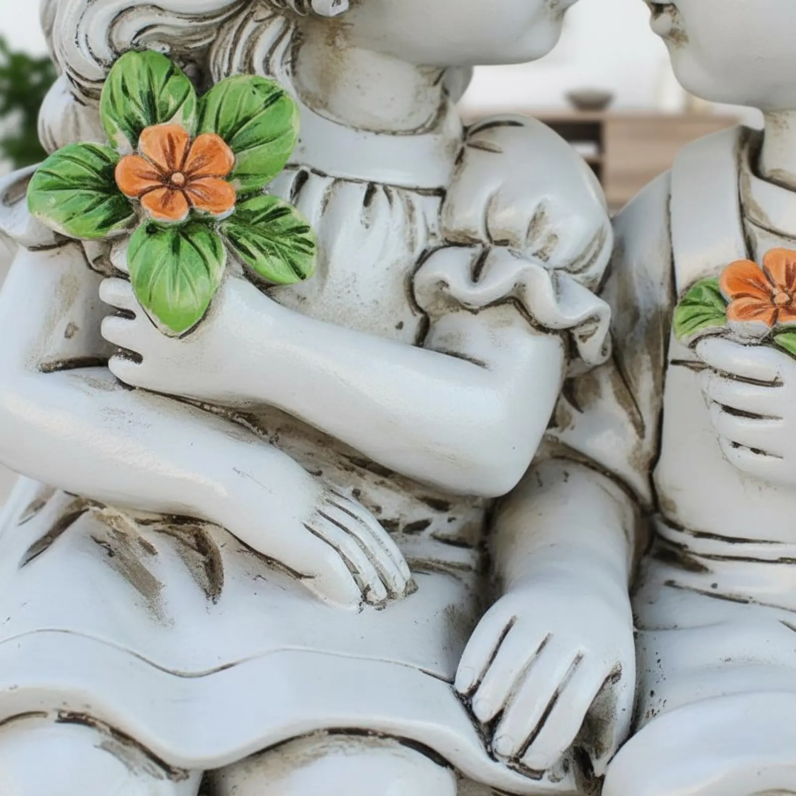 Young Man and Girl on Bench Figurine Artisanal Look Kissing Couple Statue Initial Kiss Statue Weather Resistant House Decoration