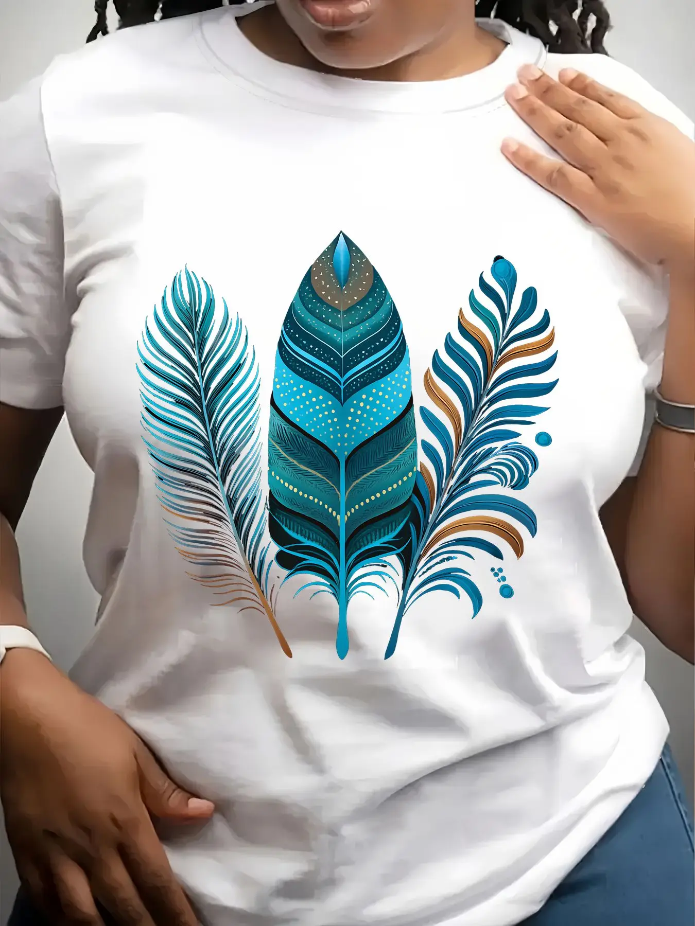 Women's Trendy Crew Neck T-Shirt Three Stylized Blue Feathers Design Suitable for Casual Sportswear