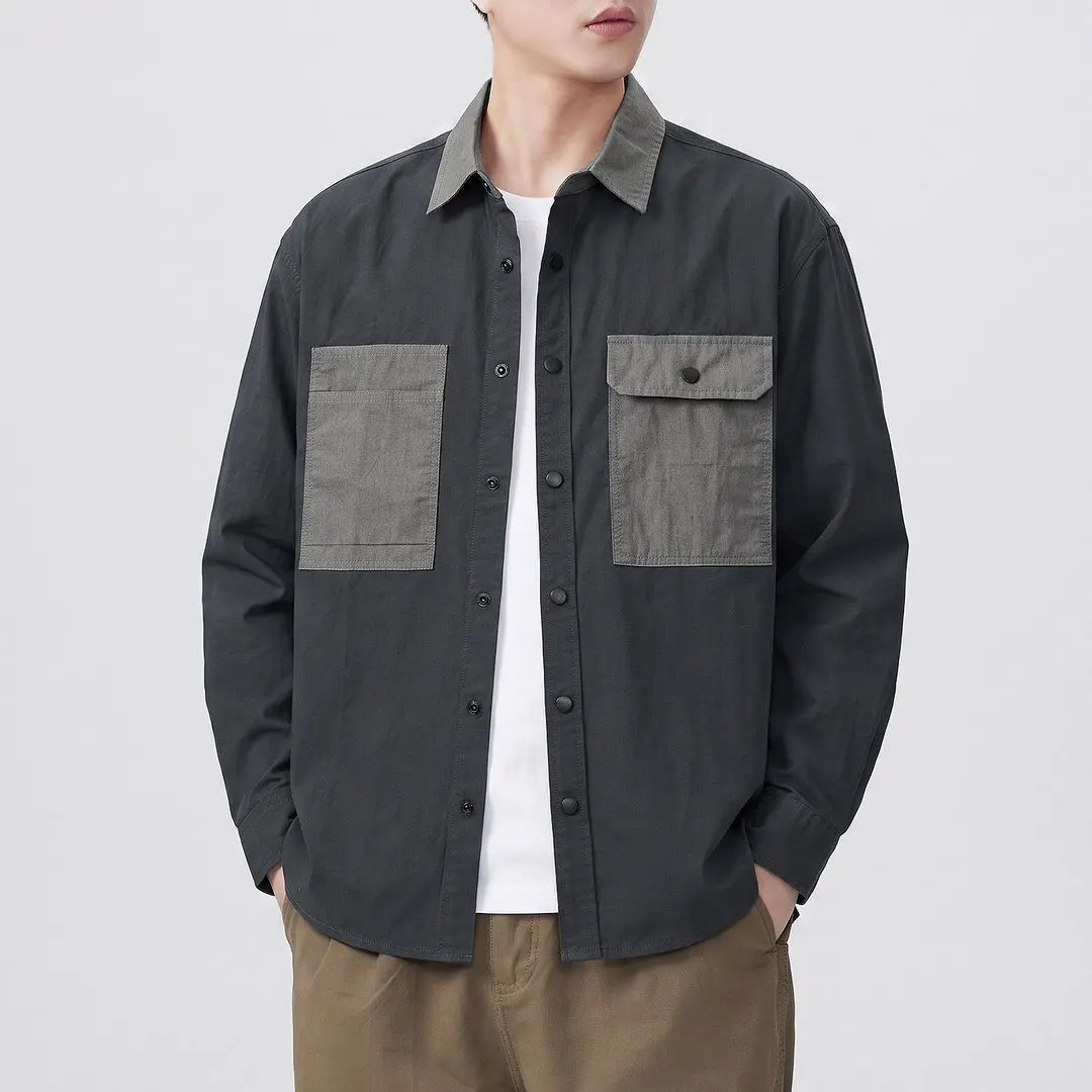 Outdoor Splice Pocket Fashion Cargo Shirt Man Streetwear Fashion Cityboy Loose Casual Long Sleeve Plus Size Shirts Tops