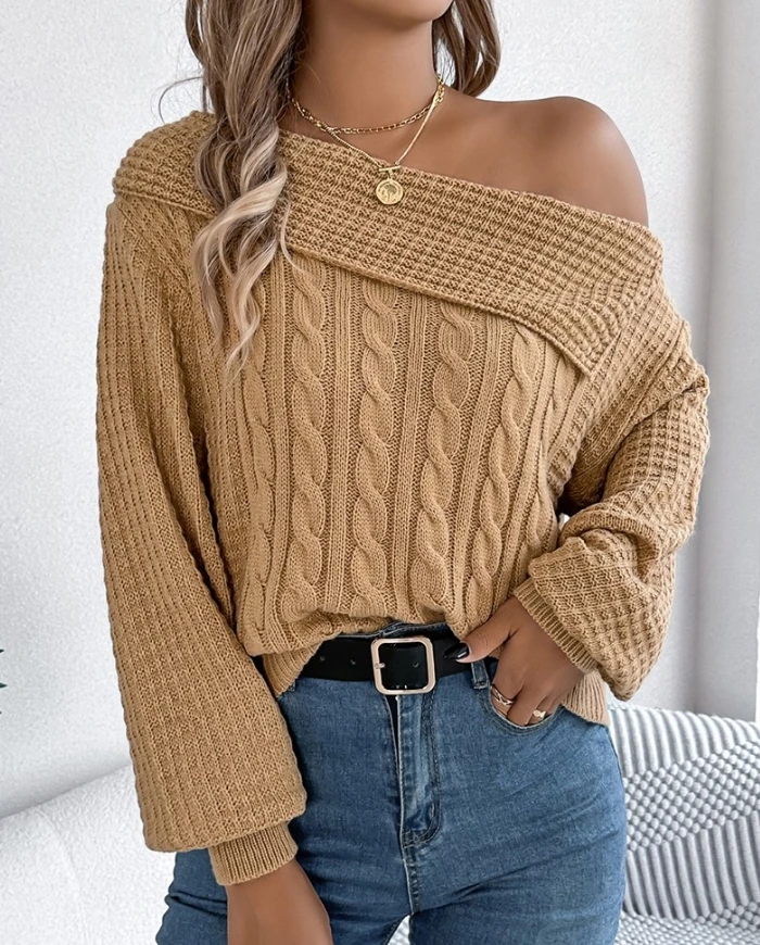 

Autumn Lazy Women's Knitted Sweater Elegant Skew Neck Long Sleeve Cable Knit Sweater Urban Daily Casual Hoodie Outerwear Sweater