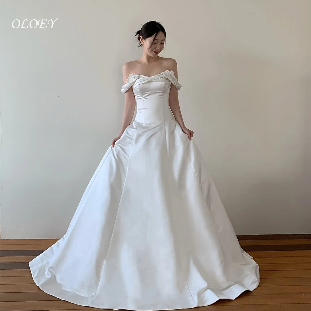 OLOEY Sweetheart Korea Wedding Dresses Off Shoulder Silk Satin Photo Shoot Long Bridal Gowns 웨딩드레스 Corsets Back Customize