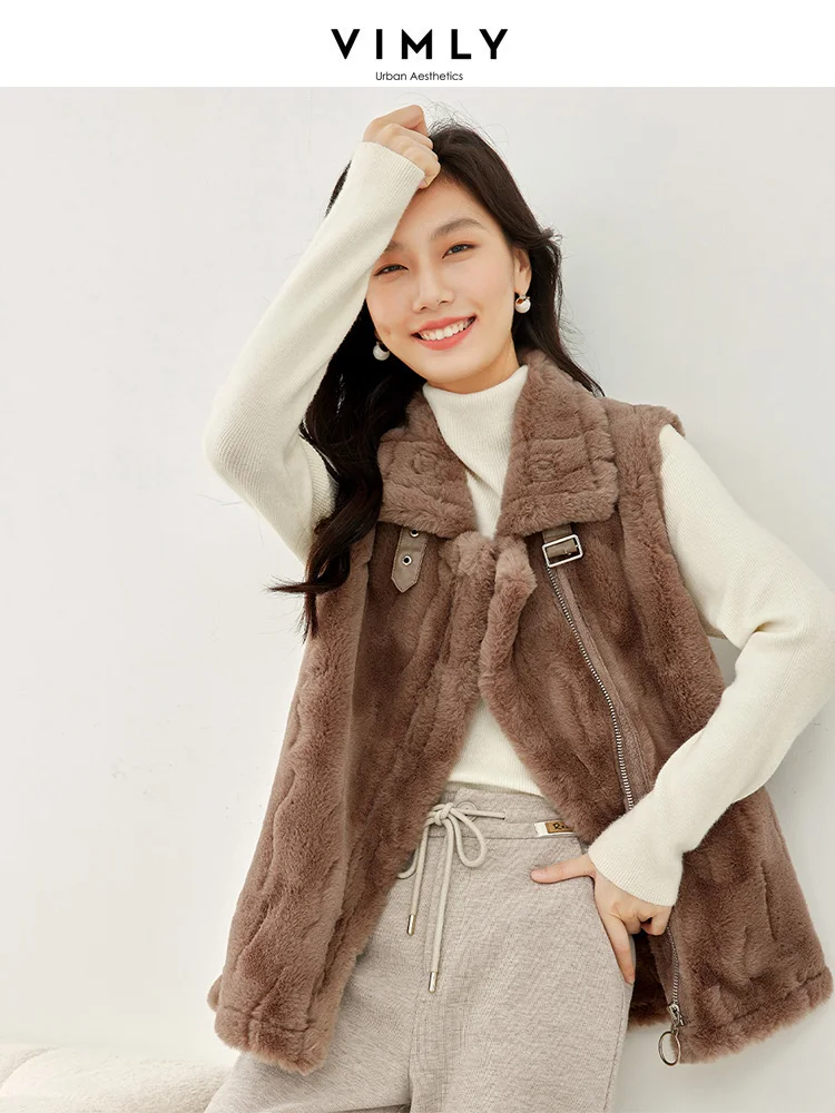 Vimly Faux Fur Waistcoat Warm Winter Vest for Women 2023 Lapel Zip Up Windproof Sleeveless Fluffy Jacket Female Outerwear 50381