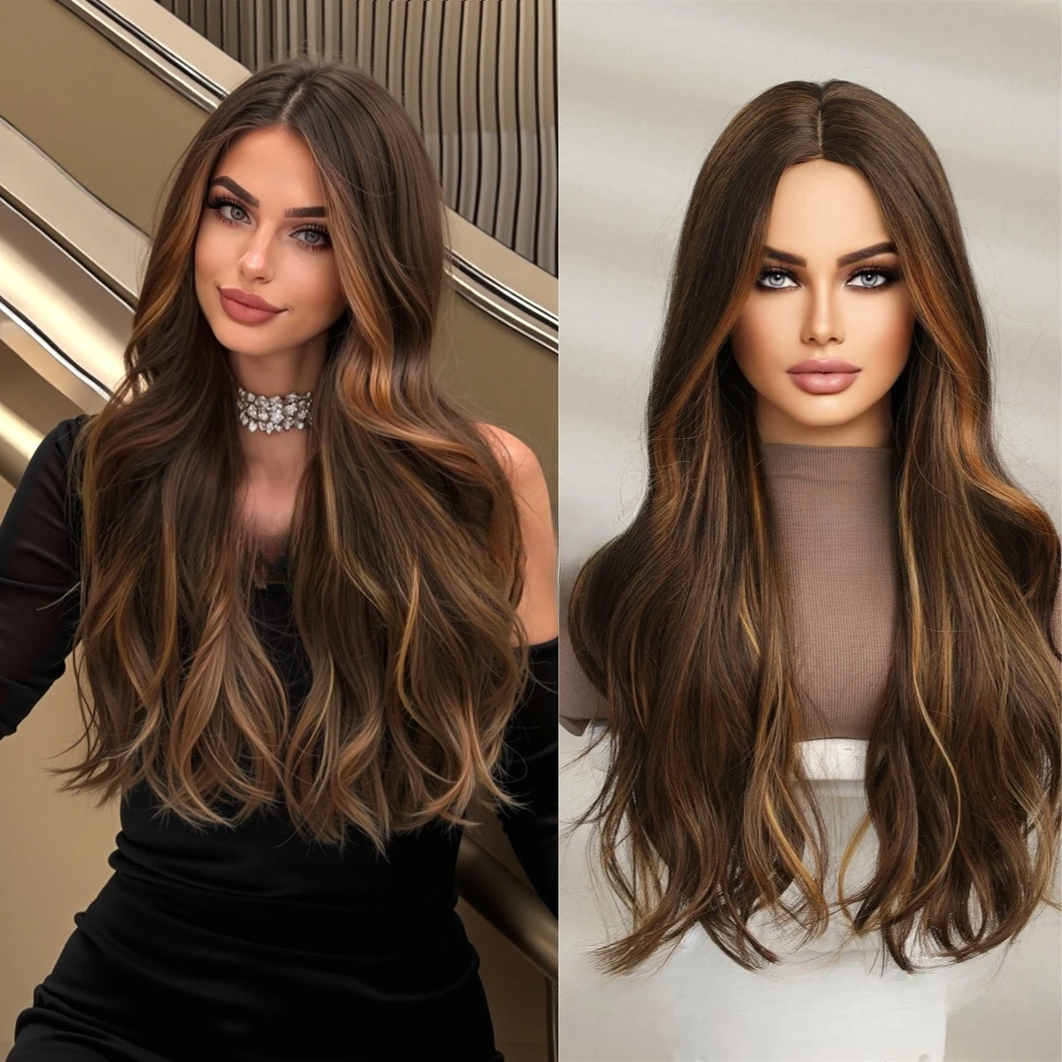 

European and American hot-selling highlights brown wig medium long curly hair chemical fiber women's headgear hair