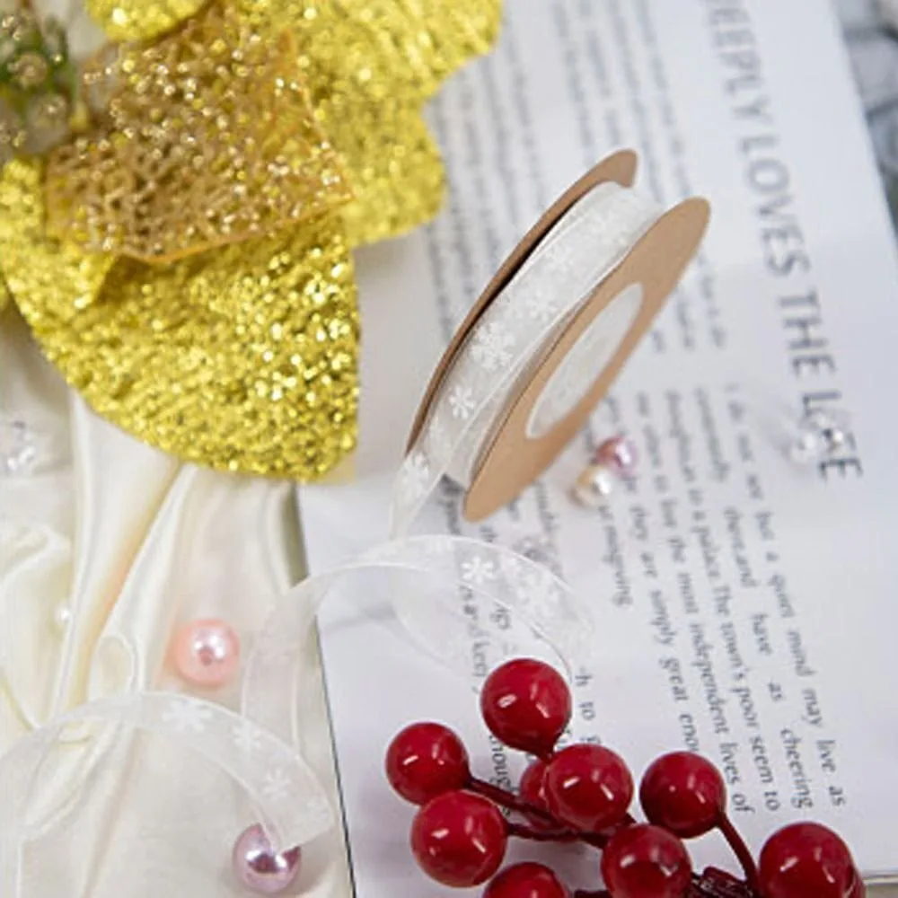 10M Christmas Gift Snowflake Ribbon Wreath Bows DIY Christmas Printed Ribbons Bow Natural Organza Satin Ribbon