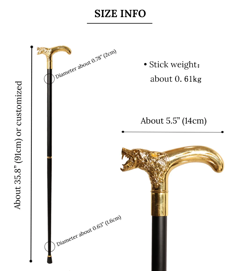 Gold Wolf Head Walking Cane with Curved Handle Detachable Decorative Walking Stick Men Women Cosplay Party Prop