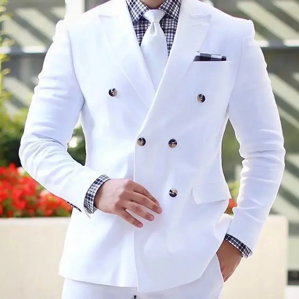 Thorndike Elegant Double Breasted White Wedding Suits for Men Formal Peak Lapel Chic Blazer Groom Custom Outfits 2-Piece Set
