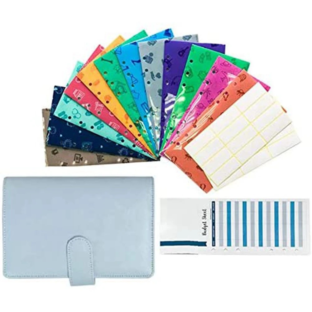 Cash Budget Envelope Wallet, 12 Perforated Vertical Opening Envelope, Binder Note for Budgeting and Saving Money Blue