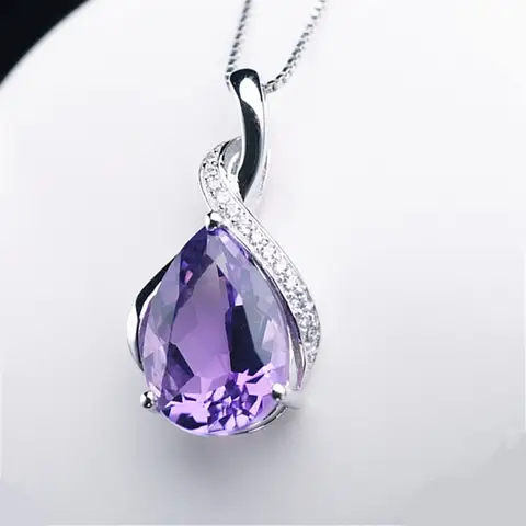 Buyee 925 Sterling Silver Amethyst Stone Pendant Chain Purple Gemstone Necklace for Women Fashion Classic Fine Jewelry Chain